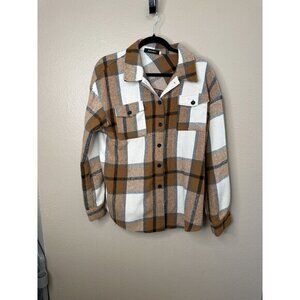 Automet Womens Brown Shacket Medium Plaid collared button up Nylon long‎ sleeve